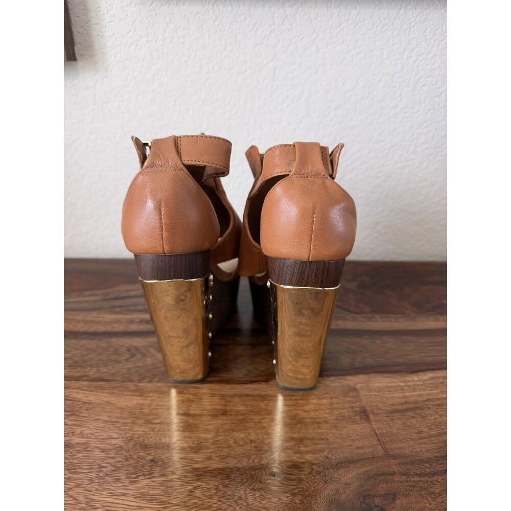 Gianni Bini Brown Orange Leather Wooden Wedge Gold Plated Platform Sandal 8.5 - Picture 3 of 7